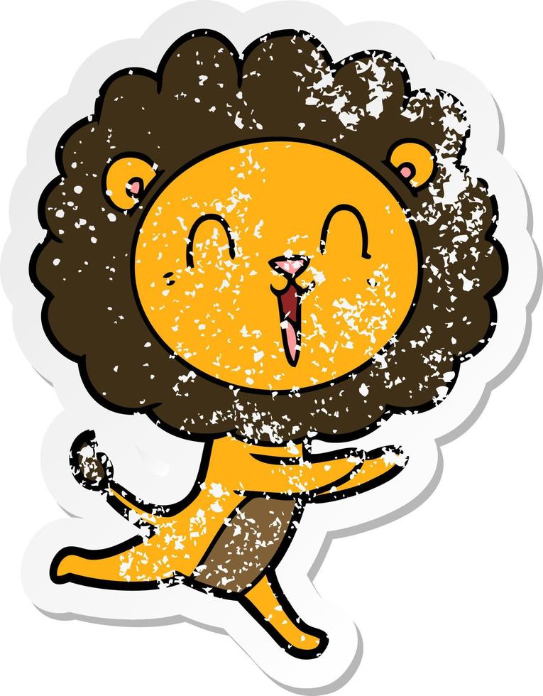 autocollant en détresse d'un dessin animé de lion qui rit en cours d'exécution vecteur