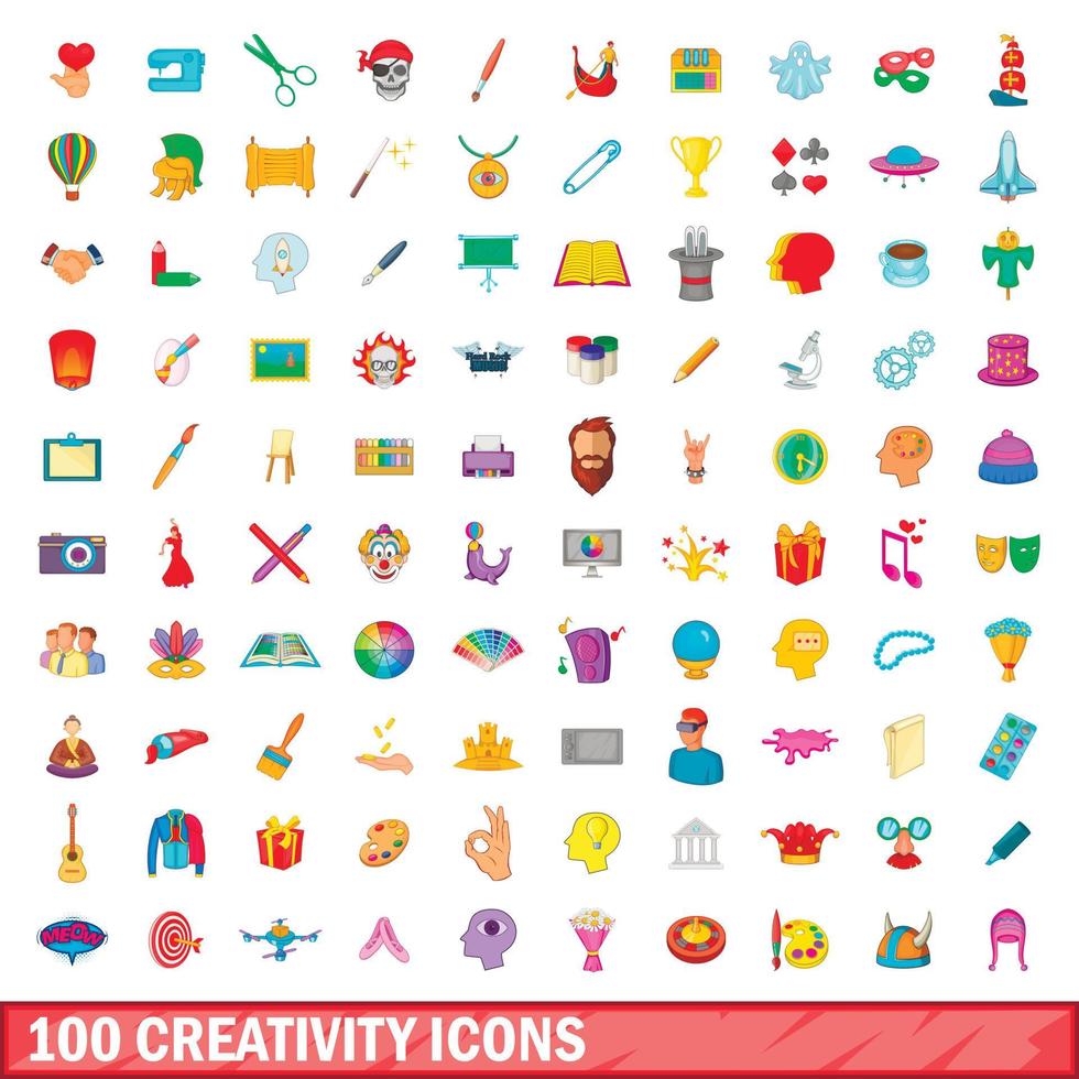 Ensemble de 100 icônes de créativité, style dessin animé vecteur