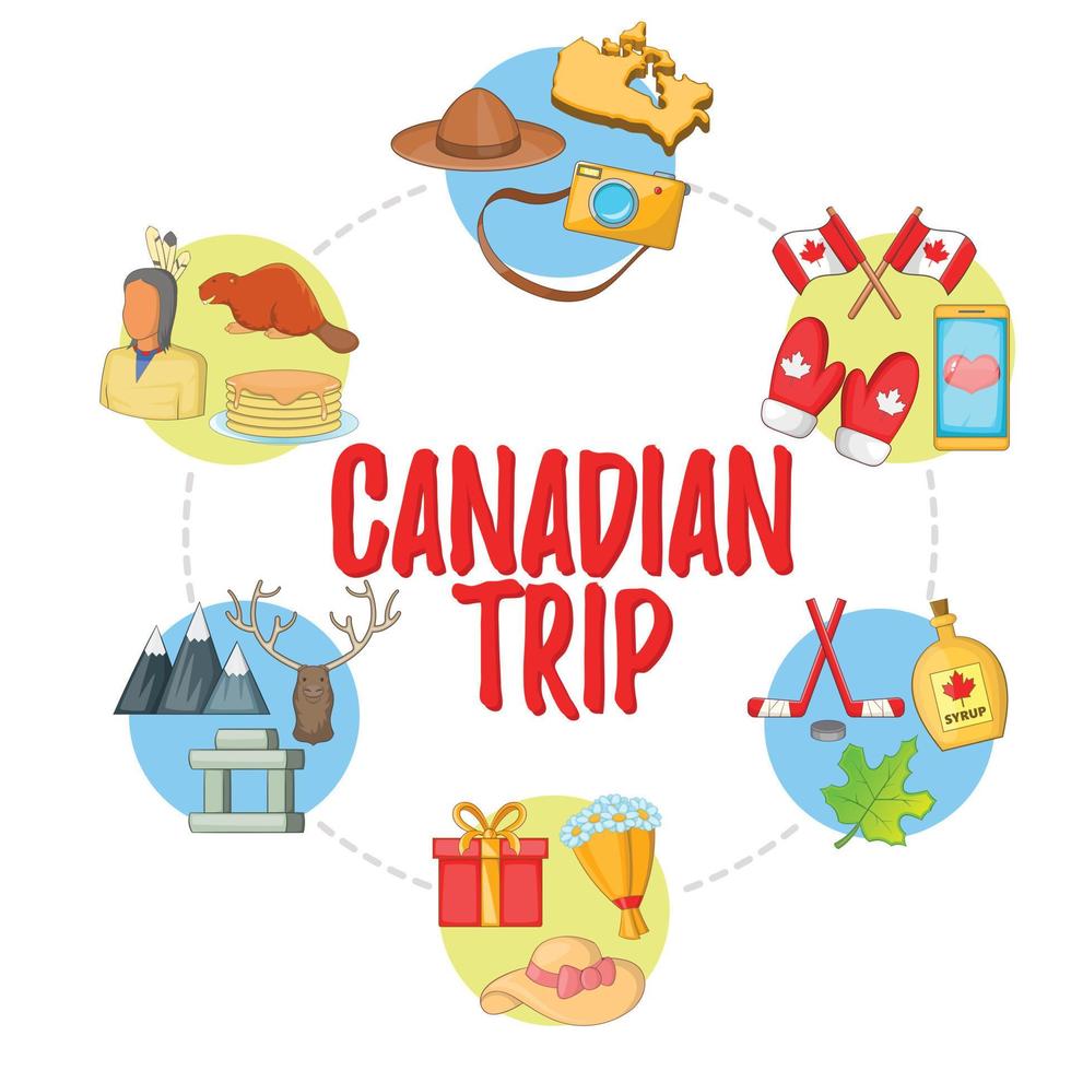 jeu d'icônes de concept de voyage canadien, style cartoon vecteur