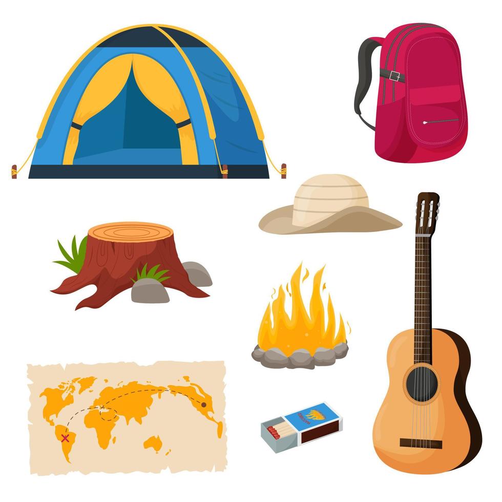 ensemble de camping et de randonnée. collection d'outils de voyage de camp d'été pour la survie dans la nature, tente, sac à dos, carte, hache, feu de camp et autres équipements de camping. vecteur