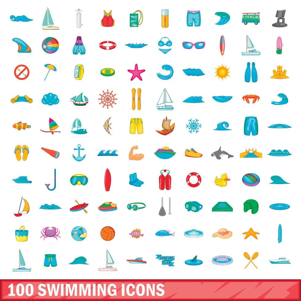 Ensemble de 100 icônes de natation, style cartoon vecteur