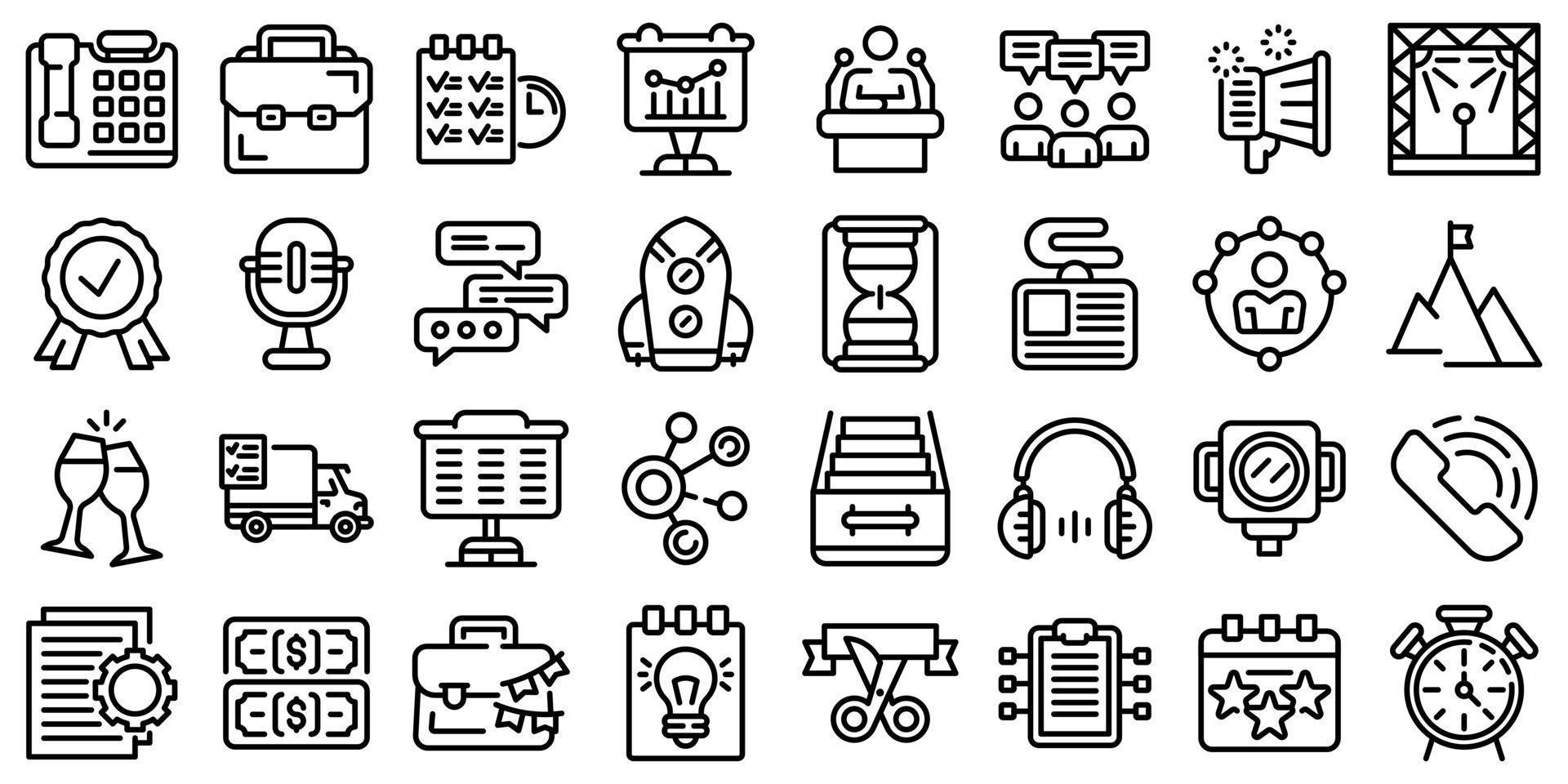 jeu d'icônes de gestion d'événements, style de contour vecteur