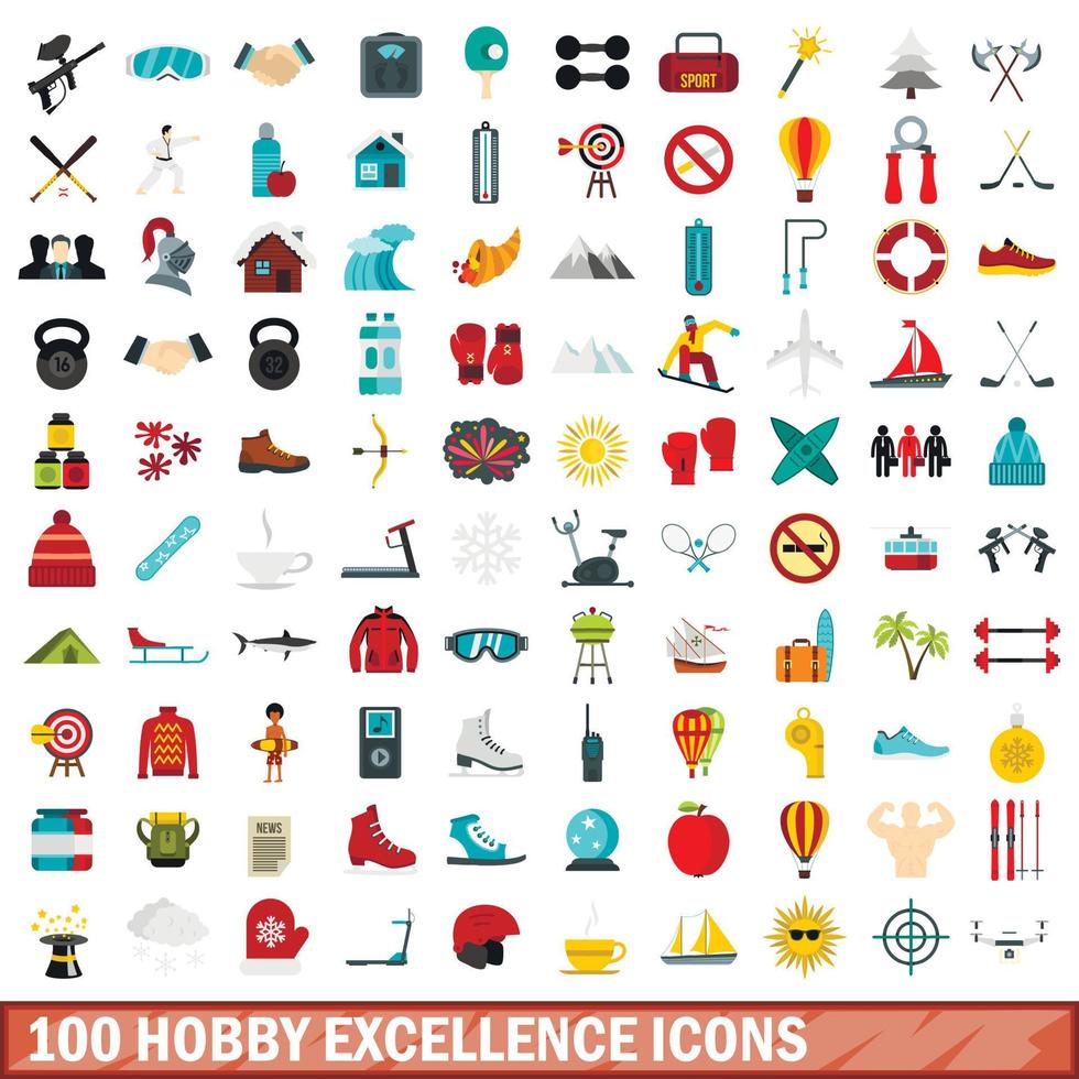 Ensemble de 100 icônes d'excellence passe-temps, style plat vecteur