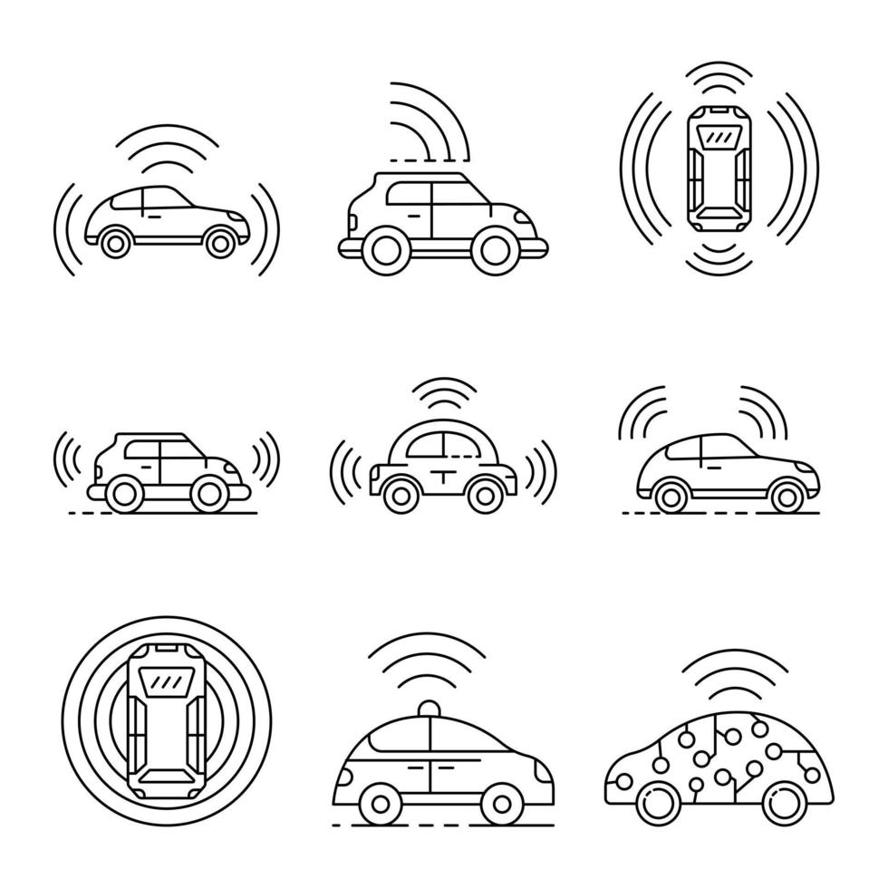 jeu d'icônes de voiture sans conducteur, style de contour vecteur