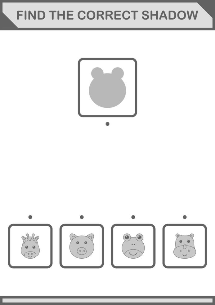 trouver le bon visage de grenouille d'ombre. feuille de travail pour les enfants vecteur