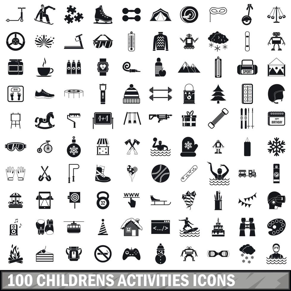 100 icônes d'activités pour enfants, style simple vecteur