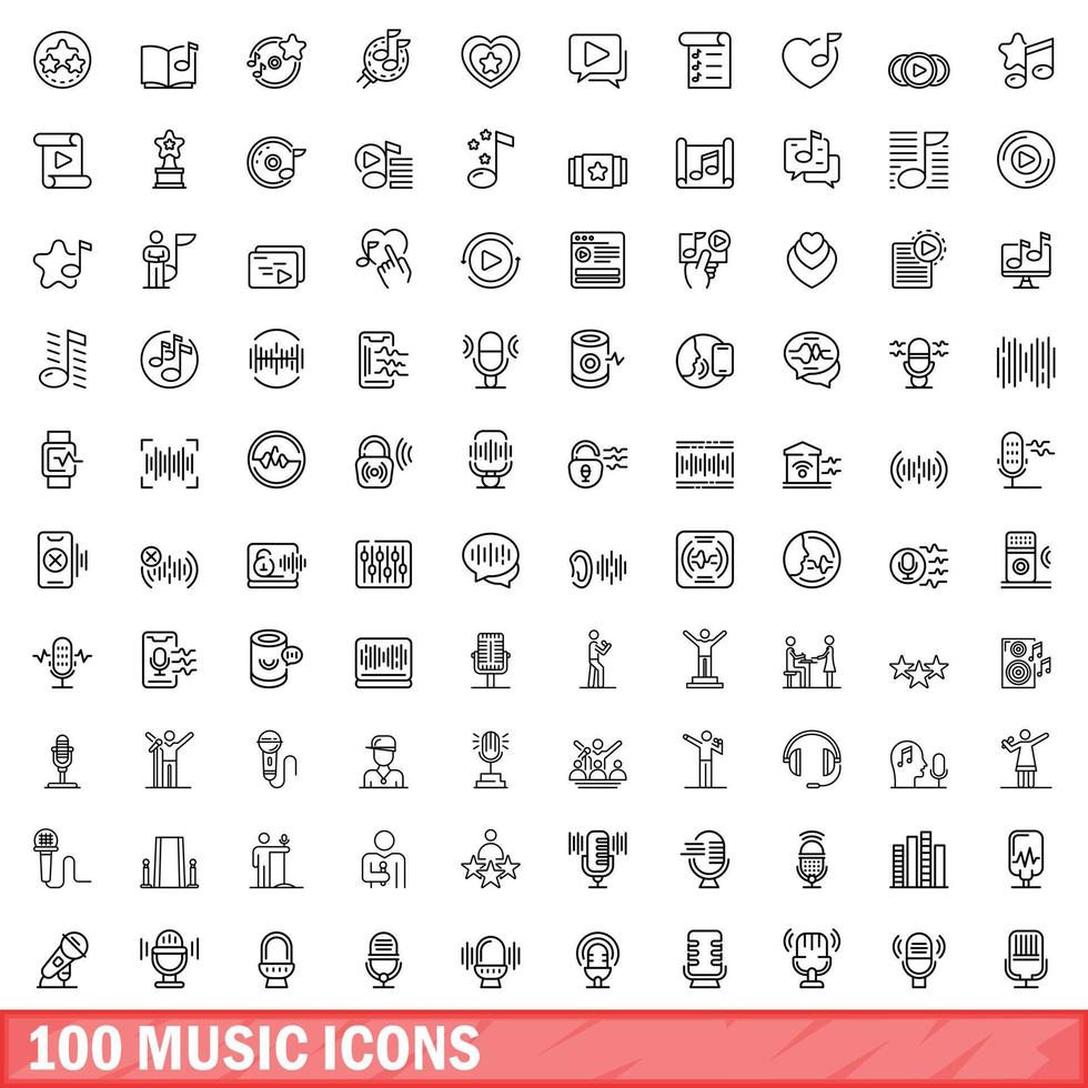 Ensemble de 100 icônes de musique, style de contour vecteur