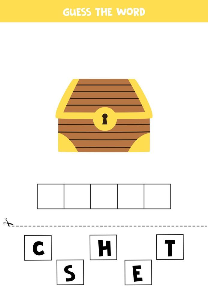 jeu d'orthographe pour les enfants. coffre en bois d'or. vecteur