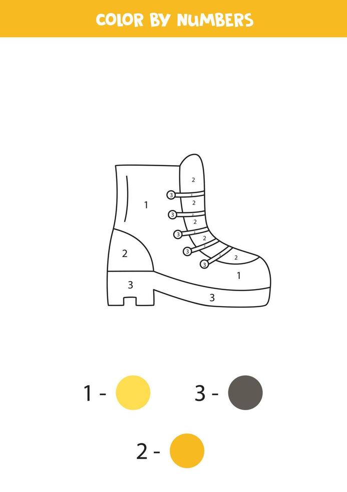 chaussure de randonnée de couleur par numéros. feuille de travail pour les enfants. vecteur