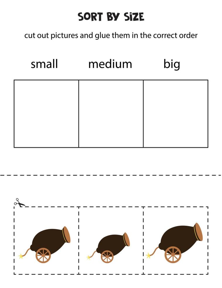 trier les canons par taille. feuille de travail éducative pour les enfants. vecteur