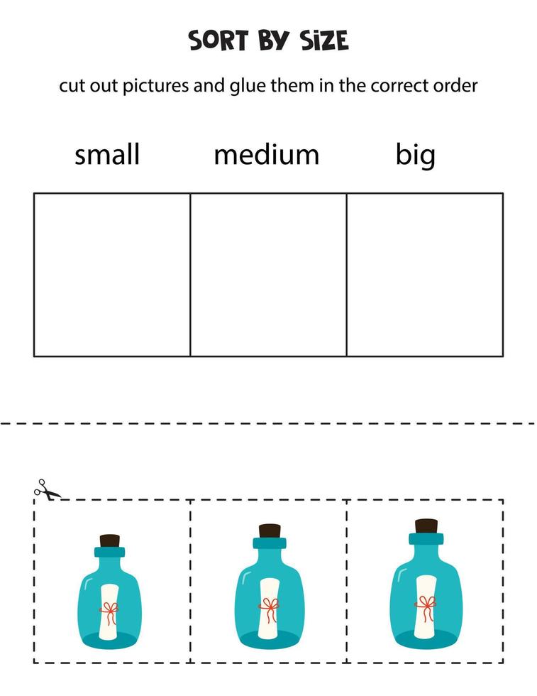 trier les bouteilles avec des notes par taille. feuille de travail éducative pour les enfants. vecteur