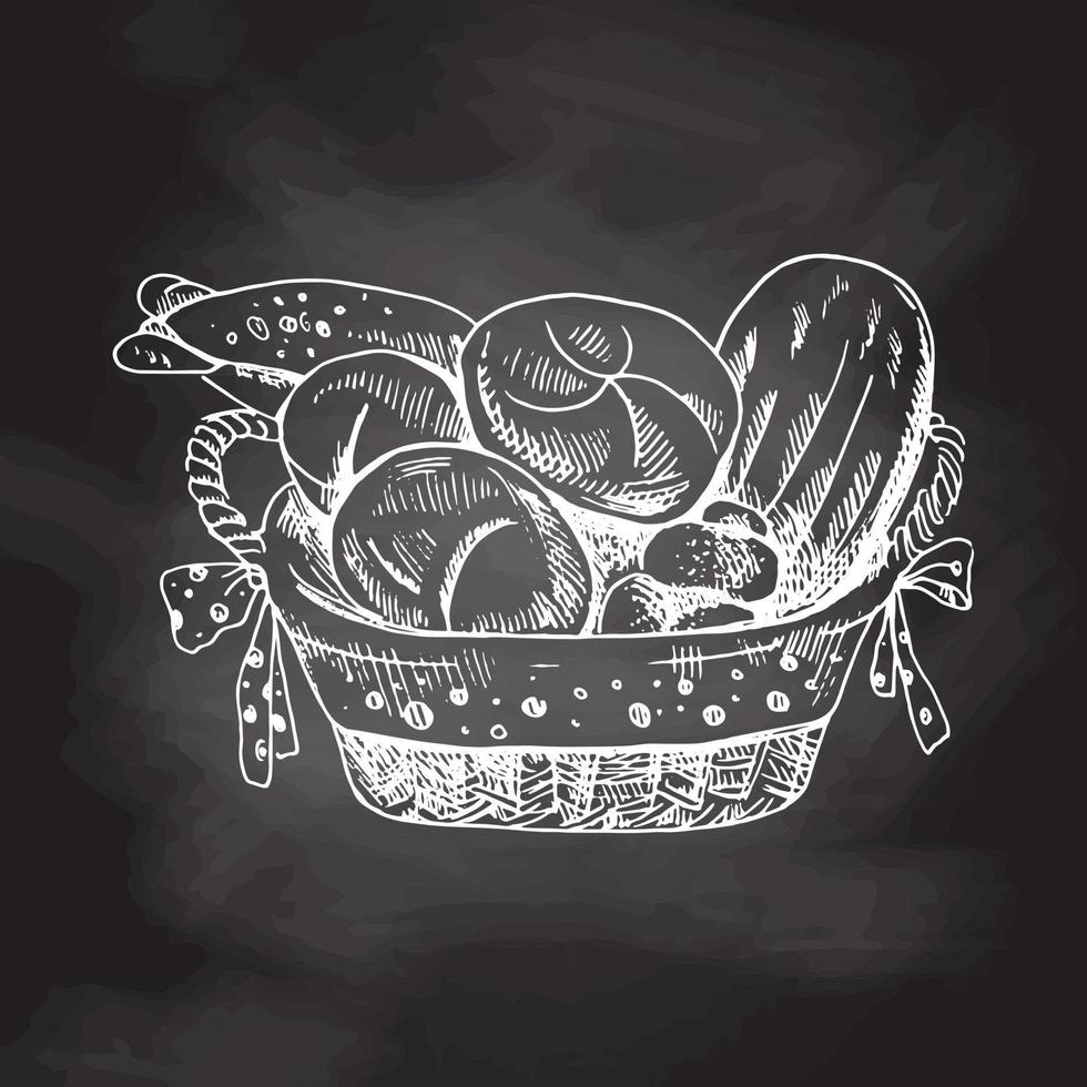 illustration vectorielle dessinée à la main d'un panier en osier avec du pain. croquis blanc isolé sur tableau noir. icône de croquis et élément de boulangerie pour l'impression, le web, le mobile et l'infographie. vecteur