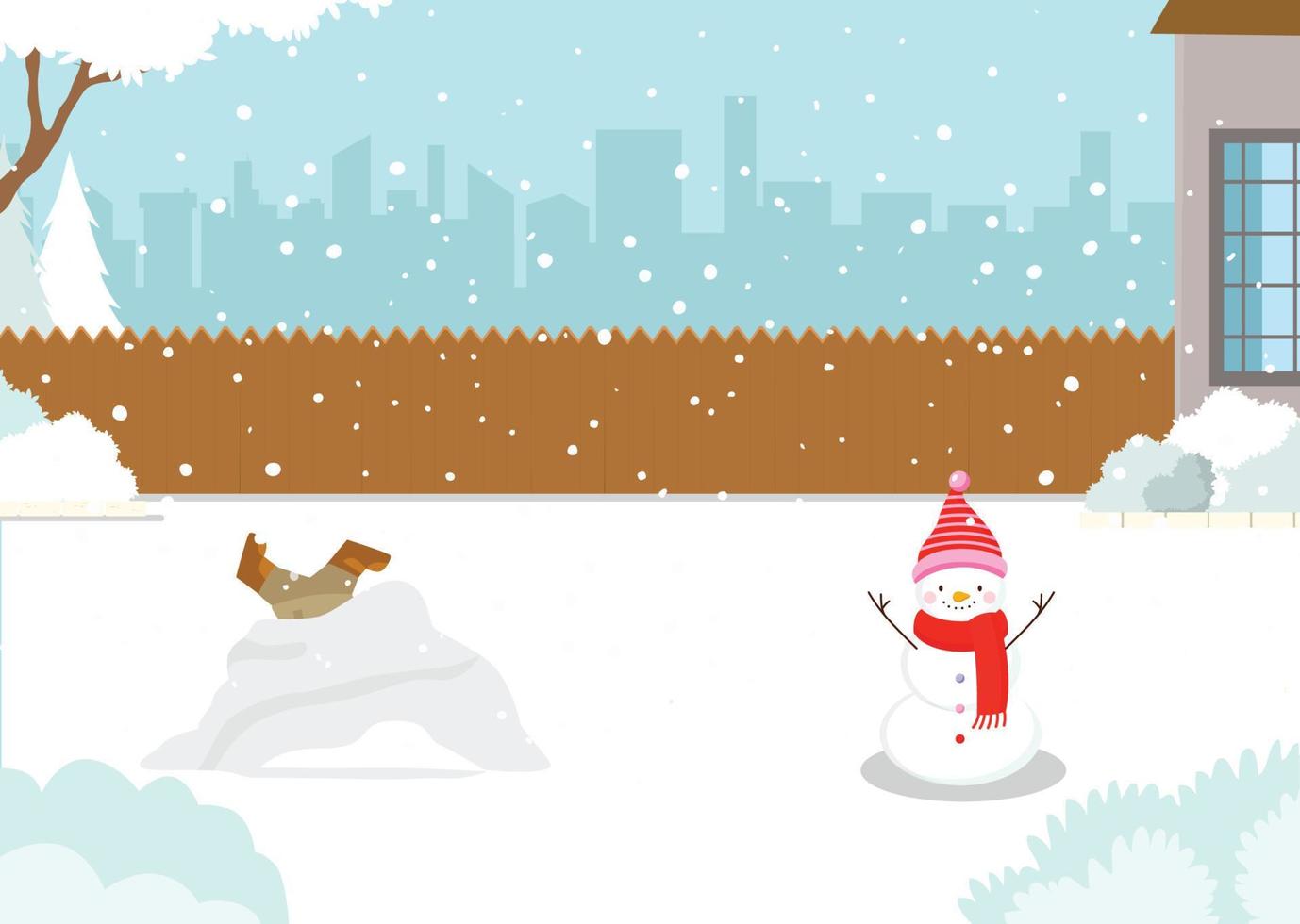 jeu d'illustrations vectorielles semi-plates de paysages d'hiver. cour arrière de la maison avec sourire de gnome à l'avant vecteur