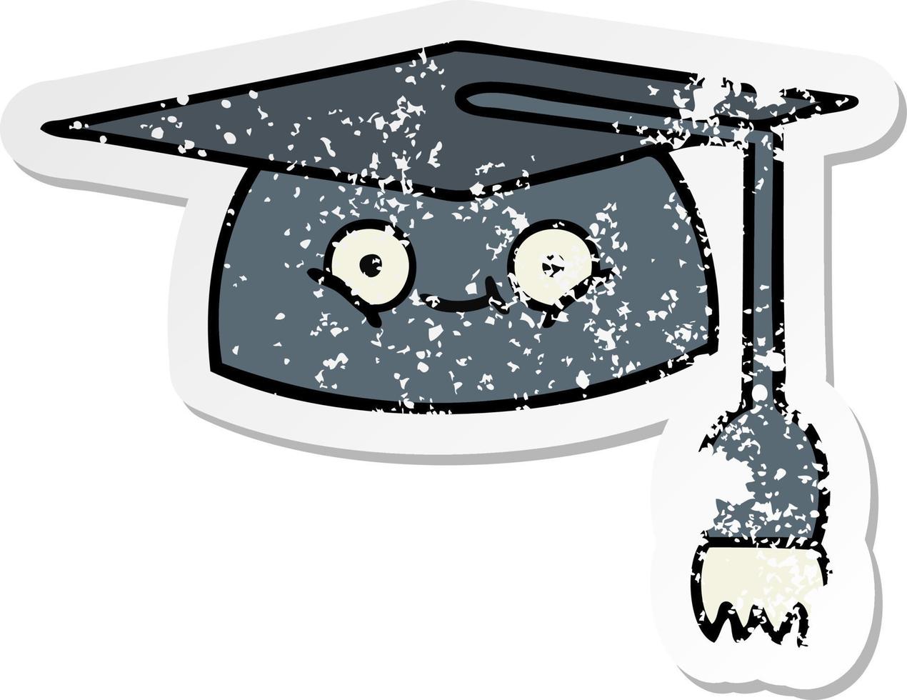 autocollant en détresse d'un chapeau de graduation de dessin animé mignon vecteur