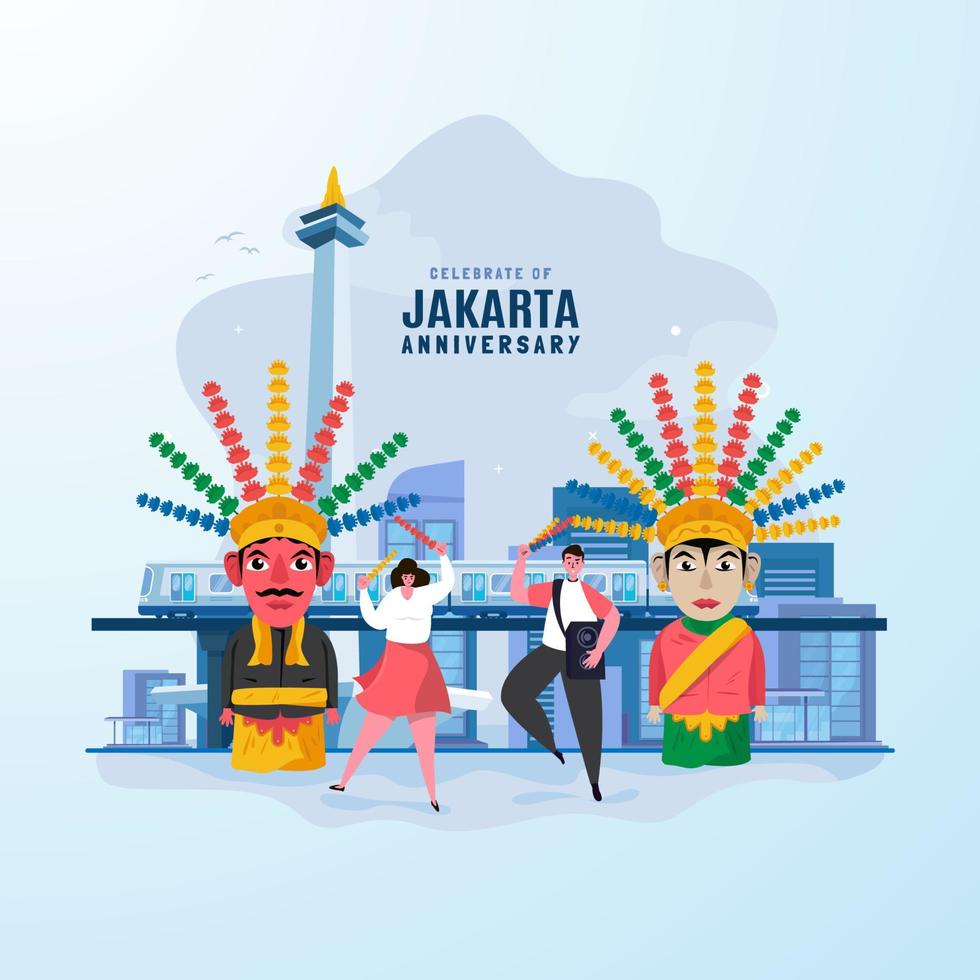 le design plat célèbre l'anniversaire de jakarta avec la tradition ondel-ondel vecteur