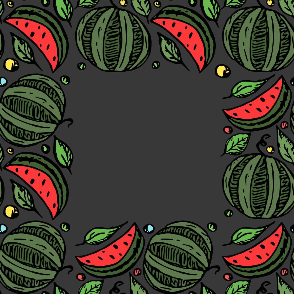 cadre de pastèque. illustration vectorielle de doodle avec pastèque. modèle avec pastèque et place pour le texte vecteur