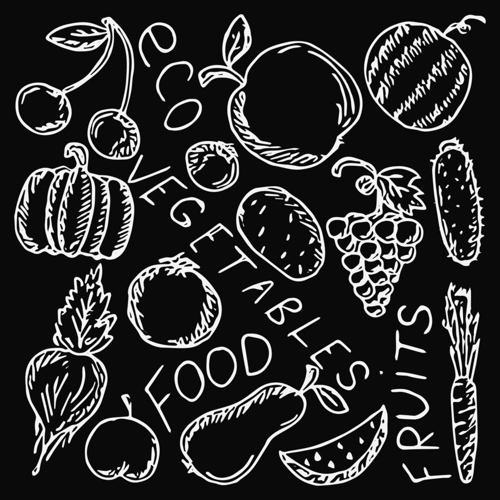 vecteur de doodle avec des icônes de nourriture végétarienne sur fond noir. icônes de nourriture vintage