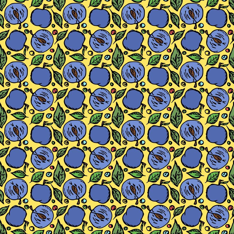 motif de prune sans soudure. fond de prune coloré. illustration vectorielle de doodle avec des fruits vecteur