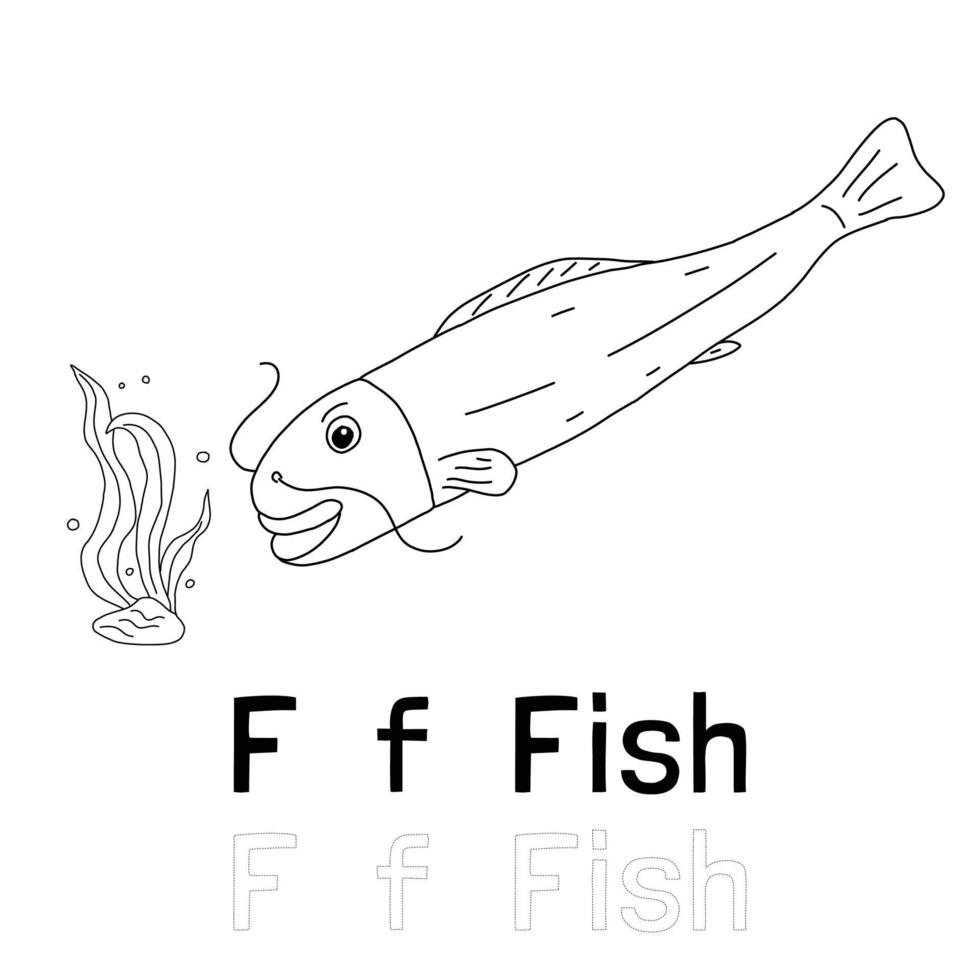 lettre de l'alphabet f pour la page de coloriage de poisson, illustration animale à colorier vecteur