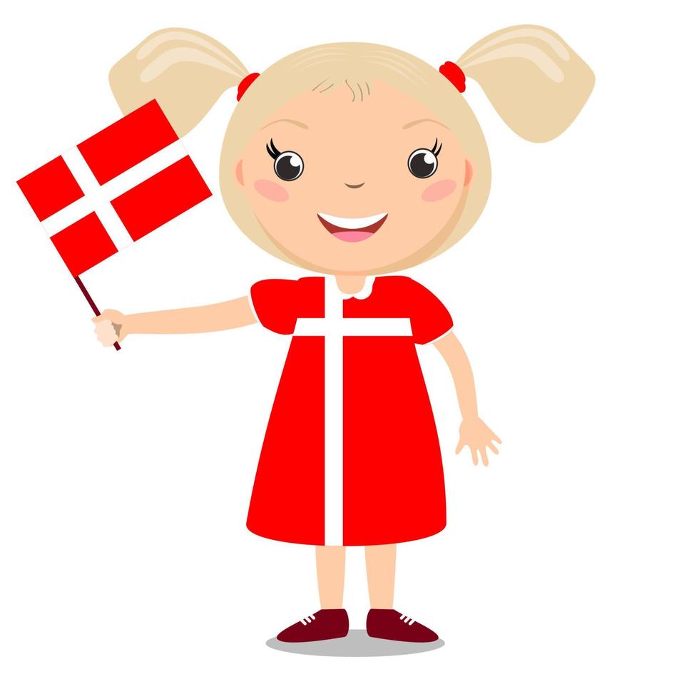 enfant souriant, fille, tenant un drapeau du Danemark isolé sur fond blanc. mascotte de dessin animé de vecteur. illustration de vacances au jour du pays, jour de l'indépendance, jour du drapeau. vecteur