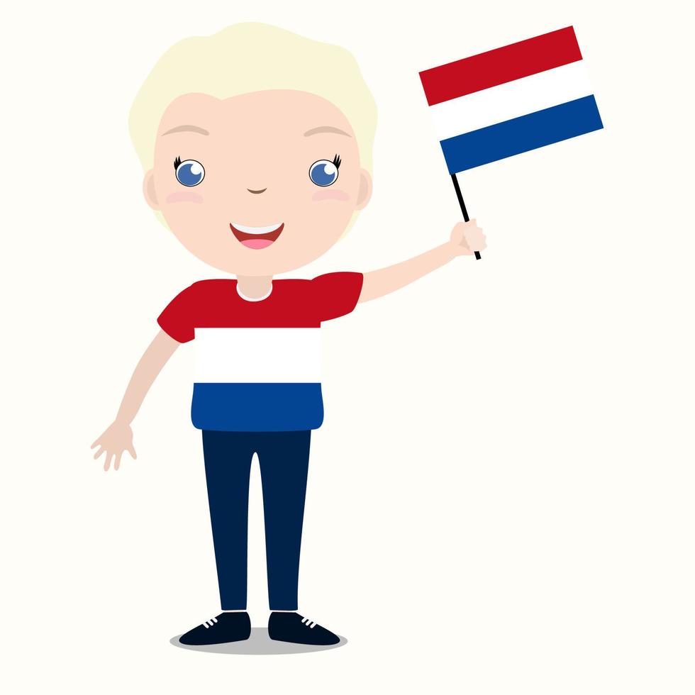 enfant souriant, garçon, tenant un drapeau néerlandais isolé sur fond blanc. mascotte de dessin animé de vecteur. illustration de vacances au jour du pays, jour de l'indépendance, jour du drapeau. vecteur