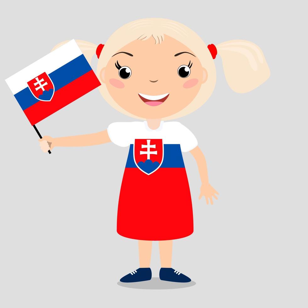 chilld souriant, fille, tenant un drapeau slovène isolé sur fond blanc. mascotte de dessin animé de vecteur. illustration de vacances au jour du pays, jour de l'indépendance, jour du drapeau. vecteur