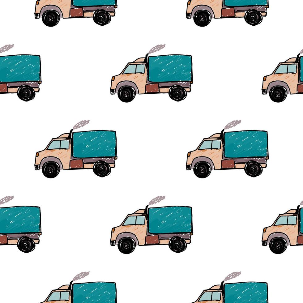 modèle sans couture de voiture de camion mignon. arrière-plan automobile dessiné à la main pour enfants. papier peint des transports. vecteur
