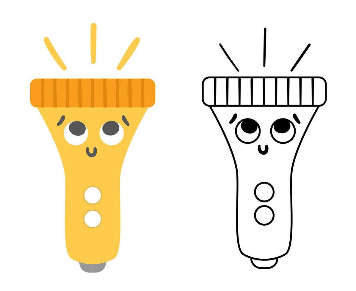 lampe de poche kawaii vecteur illustration colorée et noir et blanc. icône d'équipement d'éclairage pour les enfants. lampe portative souriante avec des yeux pour les enfants. joli coloriage