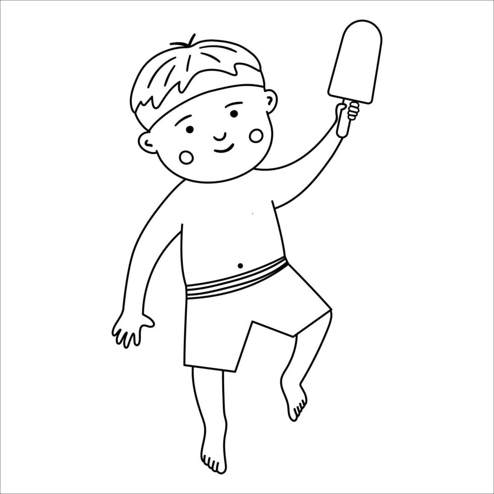 enfant de vecteur noir et blanc en maillot de bain. décrire l'enfant faisant une activité de plage. garçon de ligne mignon avec de la glace. illustration ou coloriage d'été amusant