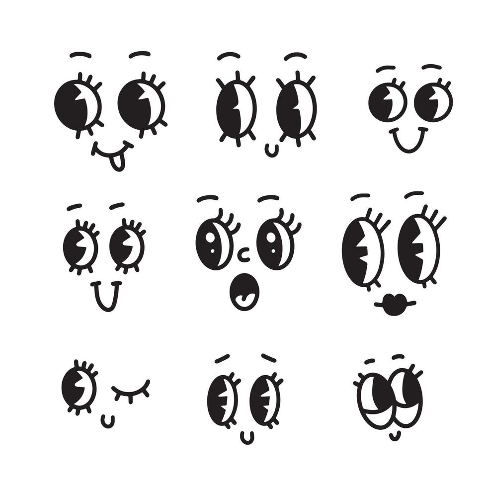 ensemble de visages drôles de personnages de mascotte de dessin animé rétro des années 30. 50, 60 vieux éléments d'animation des yeux et de la bouche. modèle de sourires comiques vintage. caricatures avec des émotions heureuses. clipart vectoriel dessiné à la main.