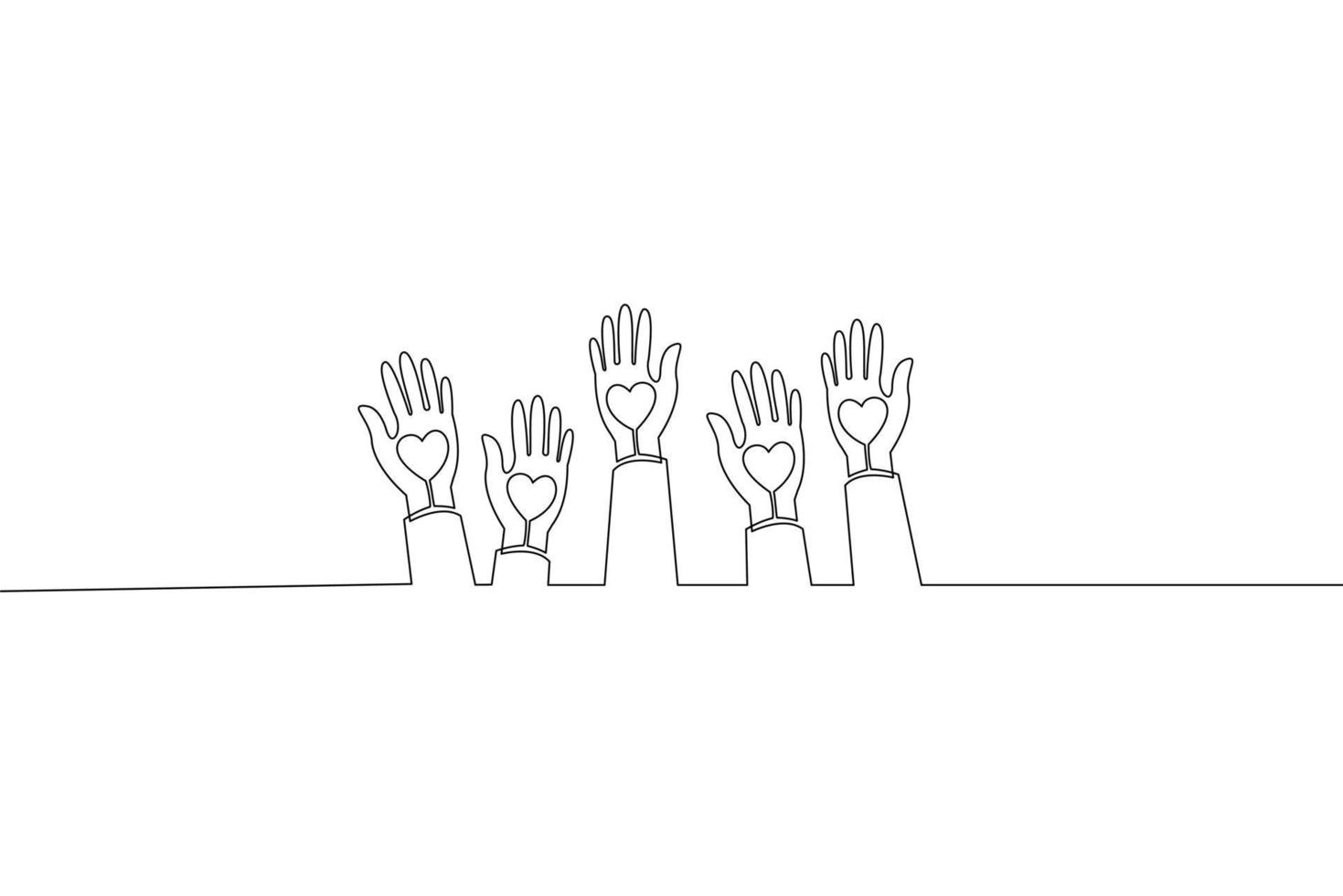 dessin en ligne continu de volontaires de mains humaines avec des coeurs sur fond blanc. vecteur