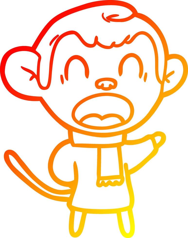 dessin de ligne de gradient chaud criant singe de dessin animé portant une écharpe vecteur