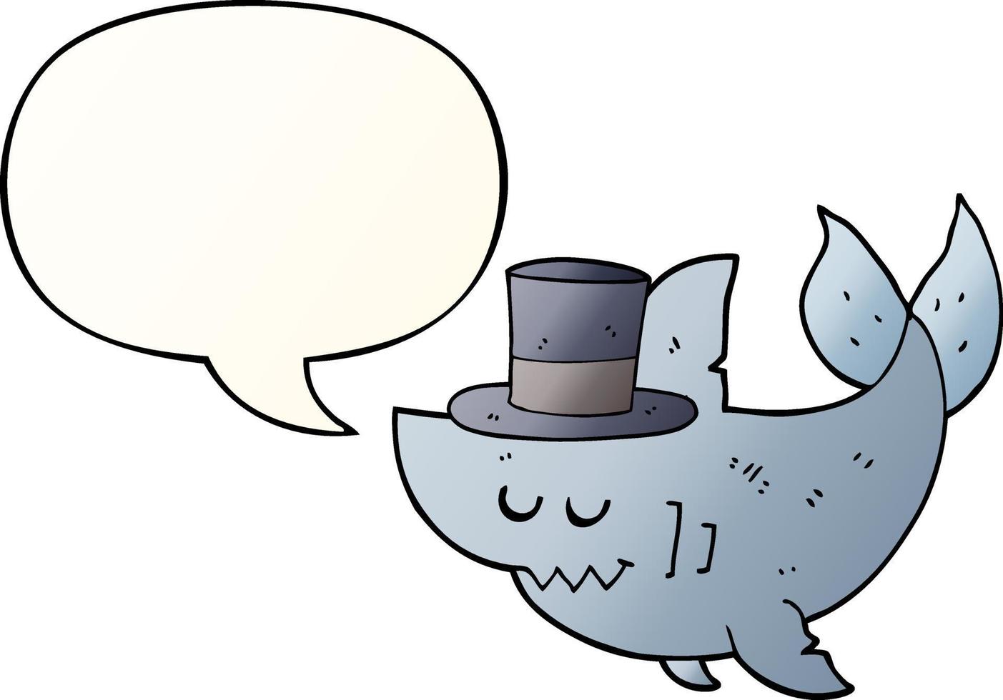 requin de dessin animé portant un chapeau haut de forme et une bulle de dialogue dans un style de dégradé lisse vecteur