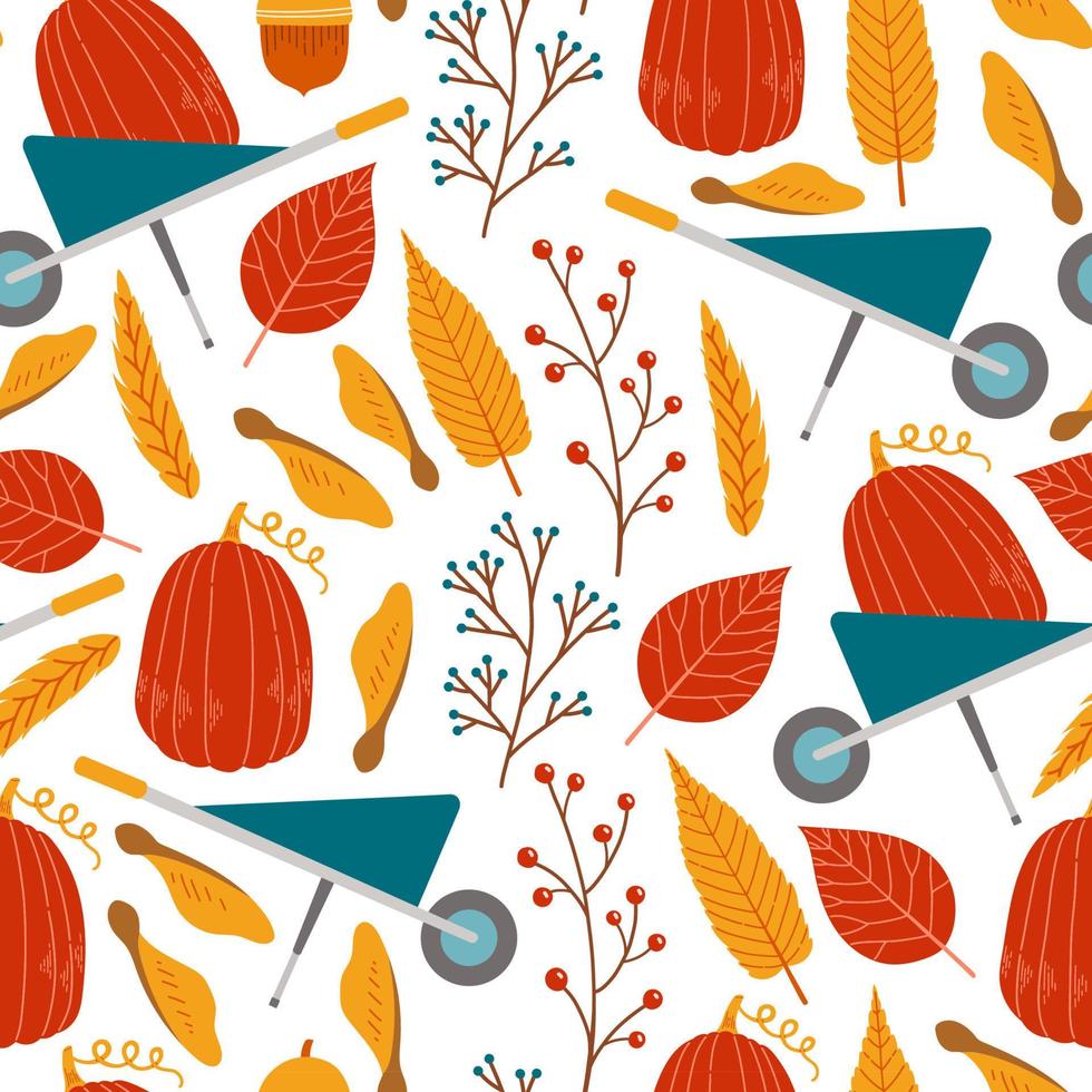 modèle sans couture d'automne avec illustration vectorielle de wheelbaarows, citrouilles, feuilles et branches vecteur
