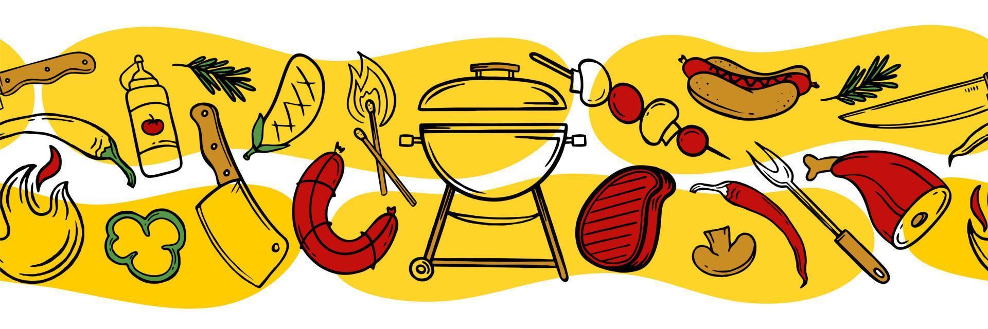 modèle horizontal avec des éléments de grill et de barbecue pour le menu du café du bar du restaurant sur fond jaune et blanc illustration vectorielle de griffonnages vecteur