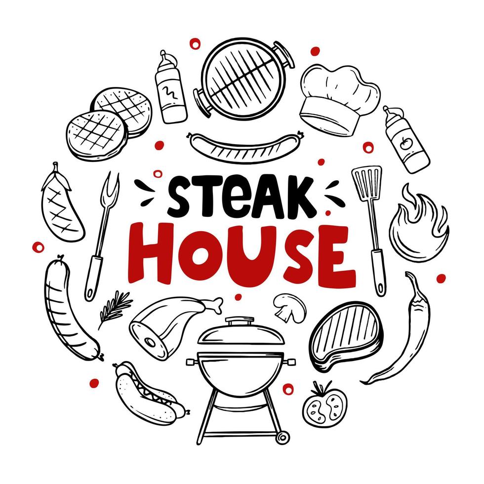 steak house éléments de menu dessinés à la main du restaurant bar café illustration vectorielle de griffonnages de nourriture barbecue vecteur