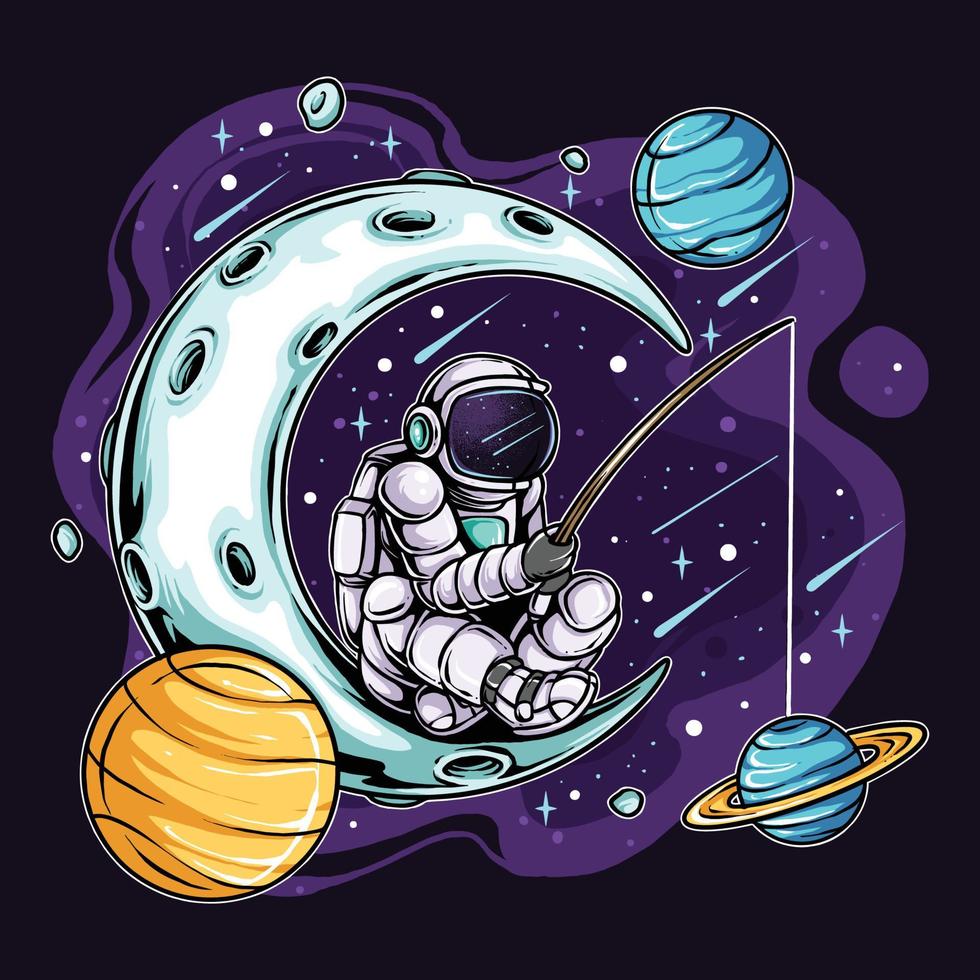 astronaute pêchant sur la lune dans l'espace entre les planètes vecteur