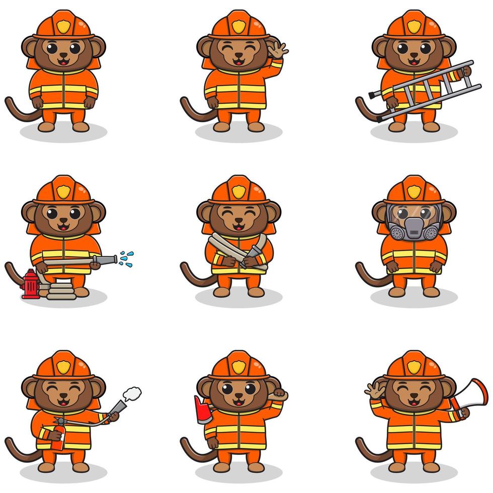 illustration vectorielle de dessin animé de singe avec costume de pompier. ensemble de personnages de singes mignons. collection de singe drôle isolé sur fond blanc. vecteur