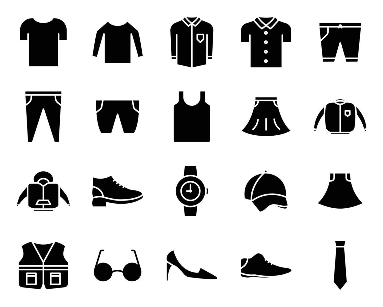 jeu d'icônes vectorielles de vêtements. contient des icônes telles que chemise, pantalon, veste, chaussure, chapeau, jupe, cravate, montre, lunettes, maillot de corps, gilet. style d'icône solide, glyphe. conception simple modifiable vecteur