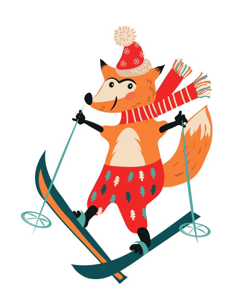 noël et nouvel an hiver renard ski personnage de dessin animé pour cartes de voeux illustration de vecteur plat isolé sur fond blanc. animal mignon pour la conception de noël.