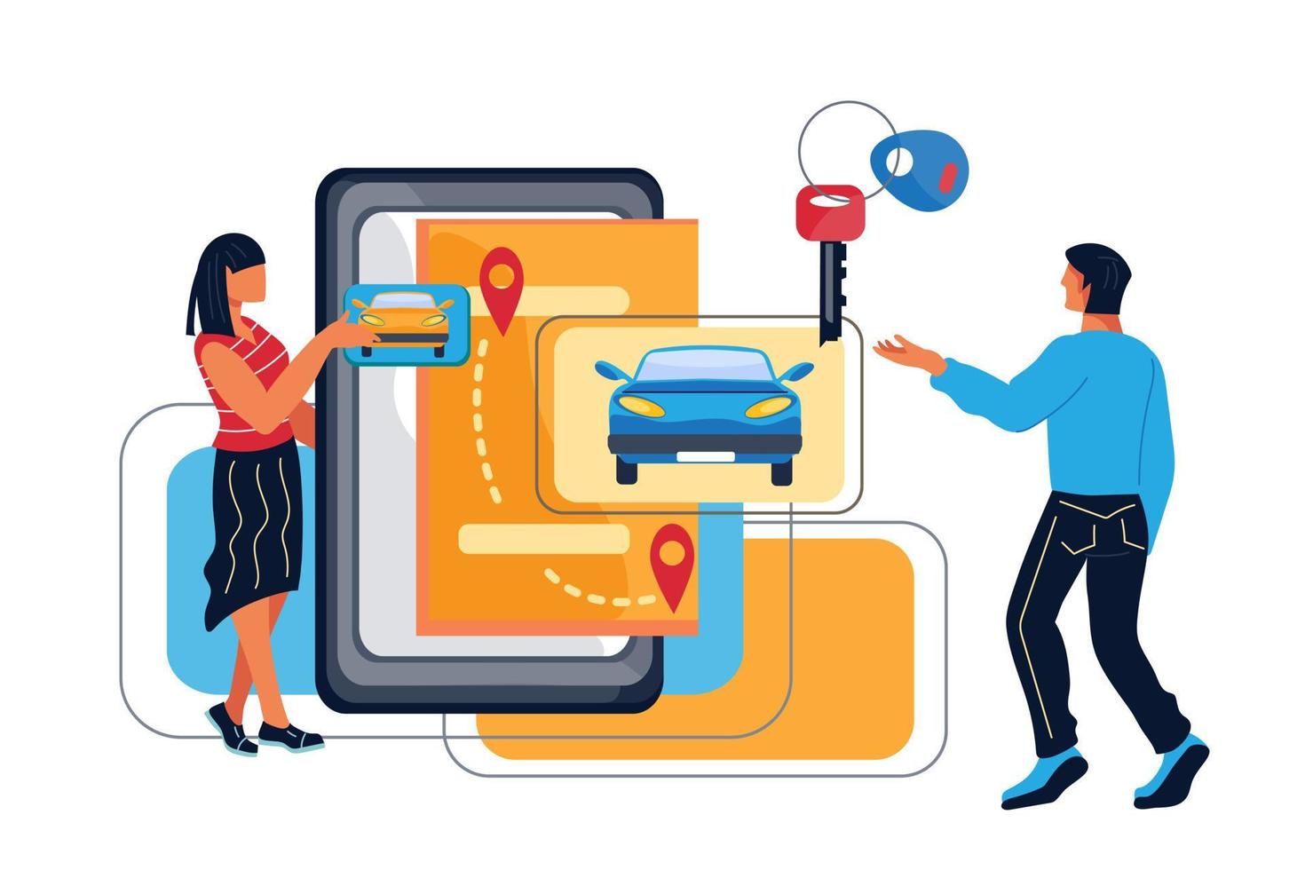 concept de partage de voiture ou de location avec des personnes choisissant une automobile et échangeant des clés. services internet et application mobile de transport public urbain. illustration de vecteur plat isolé.