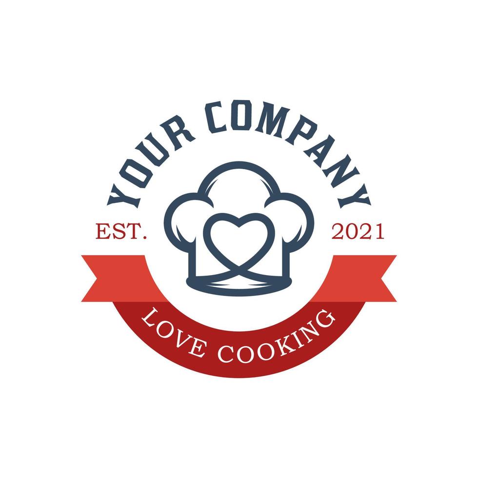 logo d'insigne de restaurant de chef d'amour avec ruban, logos rétro vintage de plats de cuisine préférés vecteur