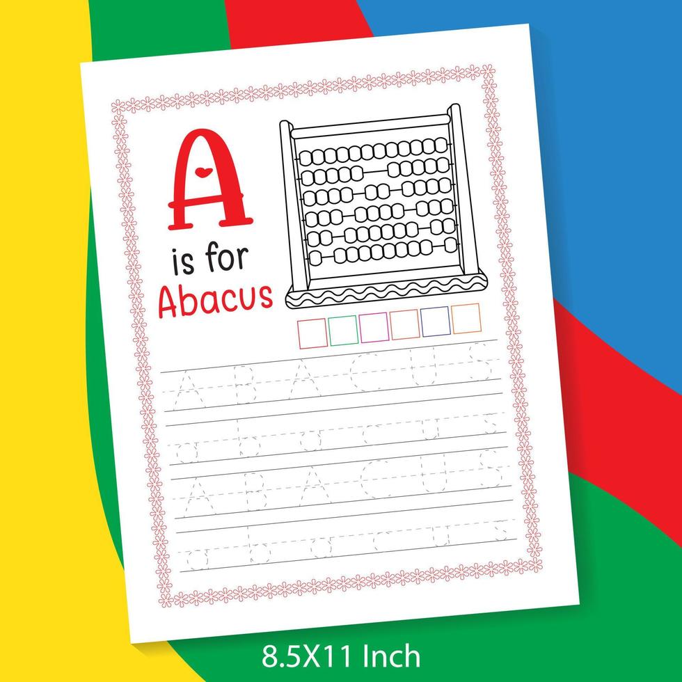 lettre de l'alphabet de a à z avec traçage de mots facile et livre de coloriage pour les enfants d'âge préscolaire ou de maternelle. feuille de journal d'activités de traçage et de coloriage de mots az pour les enfants de la maternelle et du préscolaire vecteur