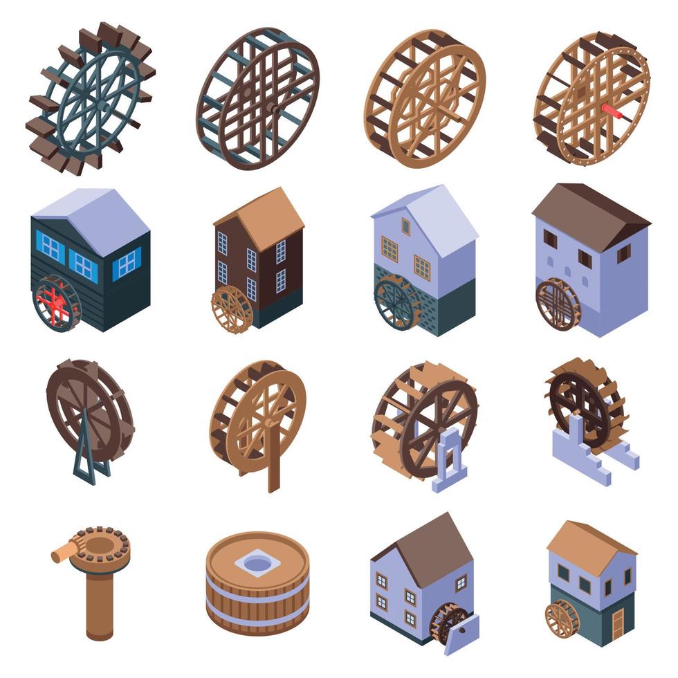 ensemble d'icônes de moulin à eau, style isométrique vecteur
