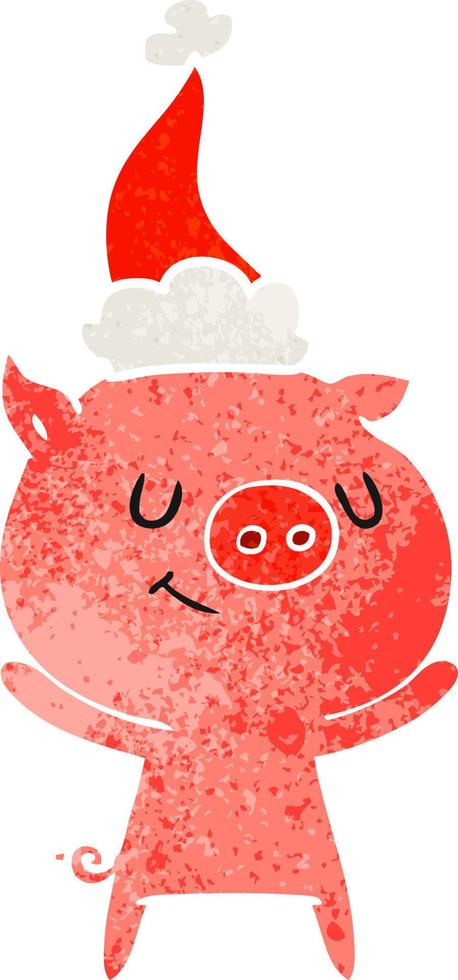 heureux, retro, dessin animé, de, a, cochon, porter, bonnet noel vecteur