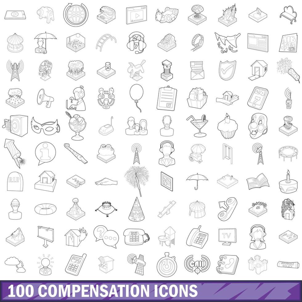 Ensemble de 100 icônes de rémunération, style de contour vecteur