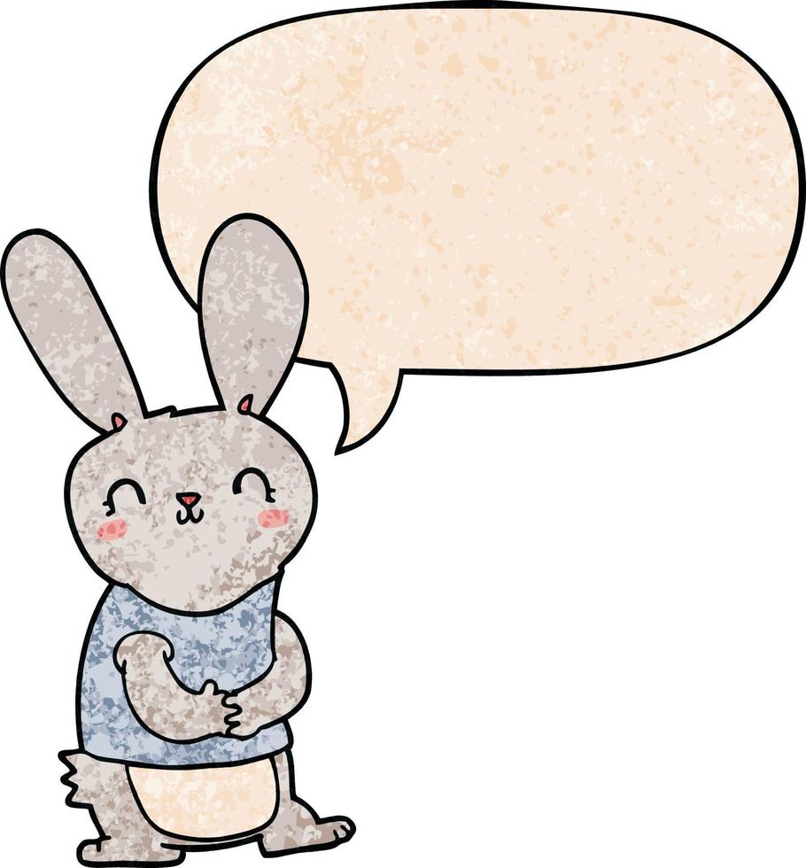 lapin de dessin animé mignon et bulle de dialogue dans un style de texture rétro vecteur