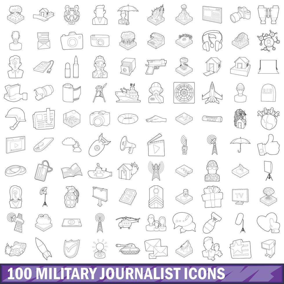 Ensemble de 100 icônes de journaliste militaire, style de contour vecteur