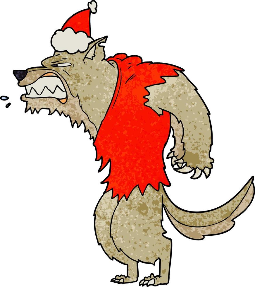 caricature texturée de loup-garou en colère d'un bonnet de noel vecteur