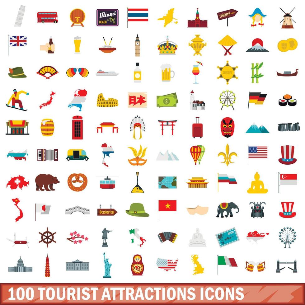 Ensemble d'icônes de 100 attractions touristiques, style plat vecteur